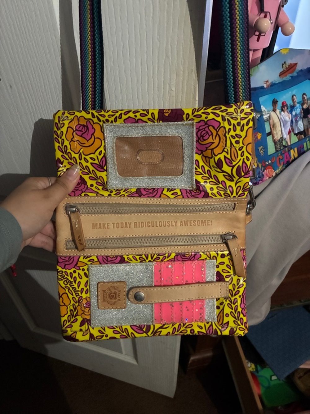 Consuela Yellow Floral Crossbody Bag with Pink and Orange Roses - Picture 2 of 3